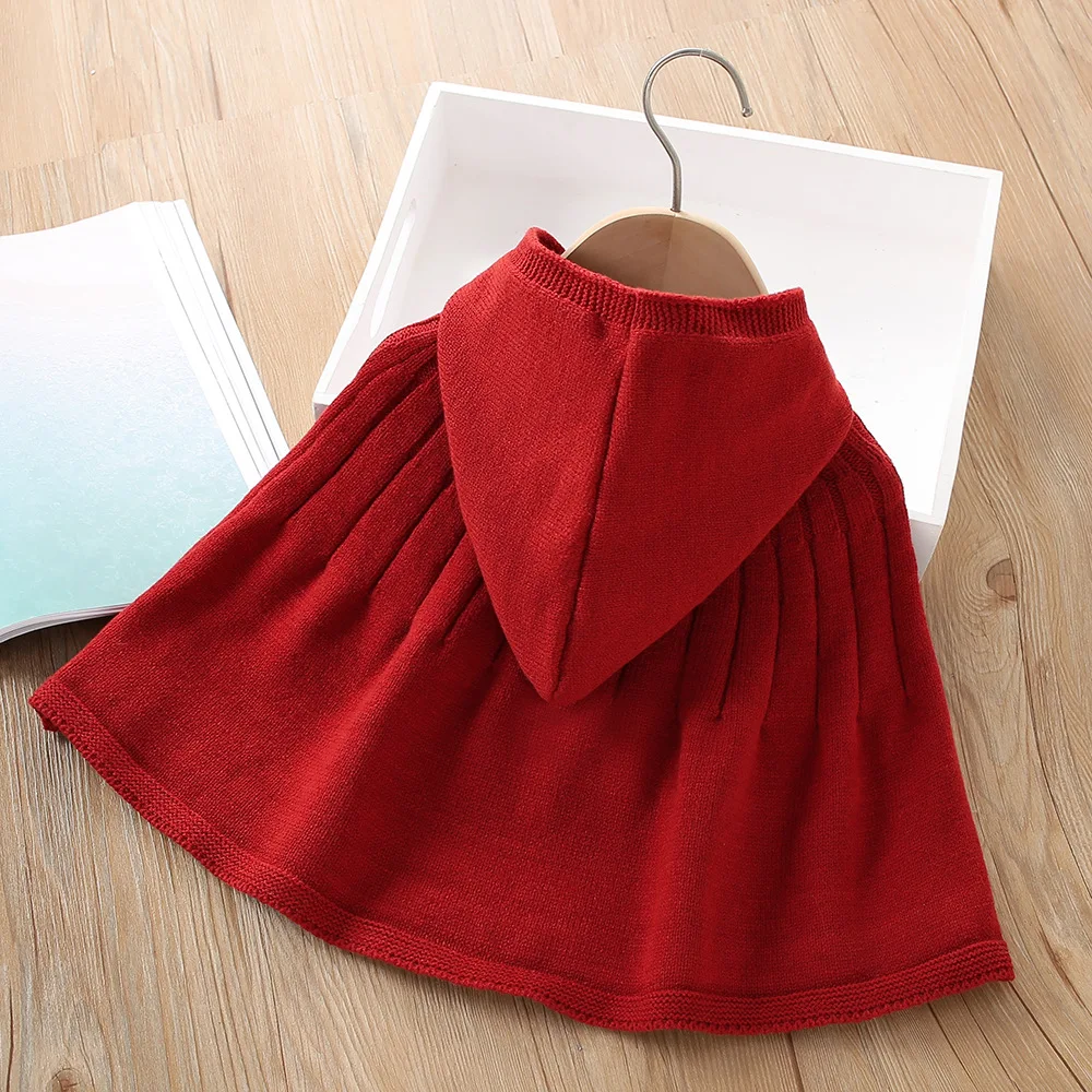 New Autumn Winter Sweet Girls Cloak Tops Bowknot Hooded Sweaters Children’S Clothing Fashion Knitted Cardigan Capes Pullovers