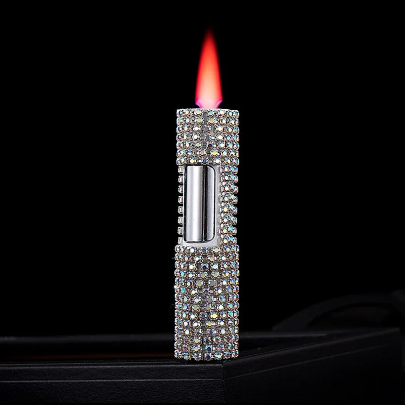 Special Bling Bling Lighter for Ladies, Full Rhinestone Butane Gas Torch Lighter, Mini Portable Lighter Windproof Pink Flame