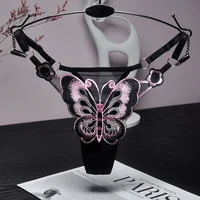 Tanga de encaje Sexy para mujer, bragas de cintura baja con mariposa, bragas de malla transparente, bragas de cintura ajustable, Culotte para mujer