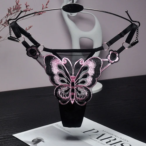 Tanga de encaje Sexy para mujer, bragas de cintura baja con mariposa, bragas de malla transparente, bragas de cintura ajustable, Culotte para mujer