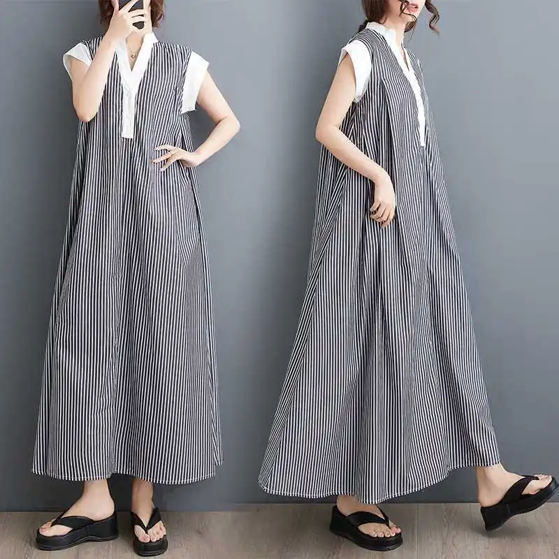 

Women Striped Dress V Neck Short Sleeve Dresses Loose Spliced Ankle Length Elegant A Line Vestidos Pockets Casual Summer