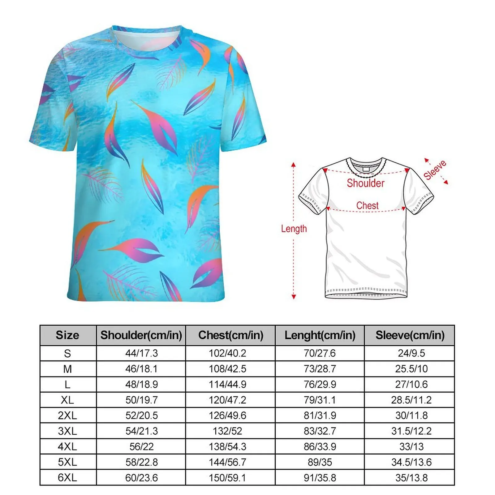 Oversize T-Shirt Premium Colorful Leaf T Shirts Blue And Pink Casual O Neck Tshirt Man Vintage Pattern Clothes