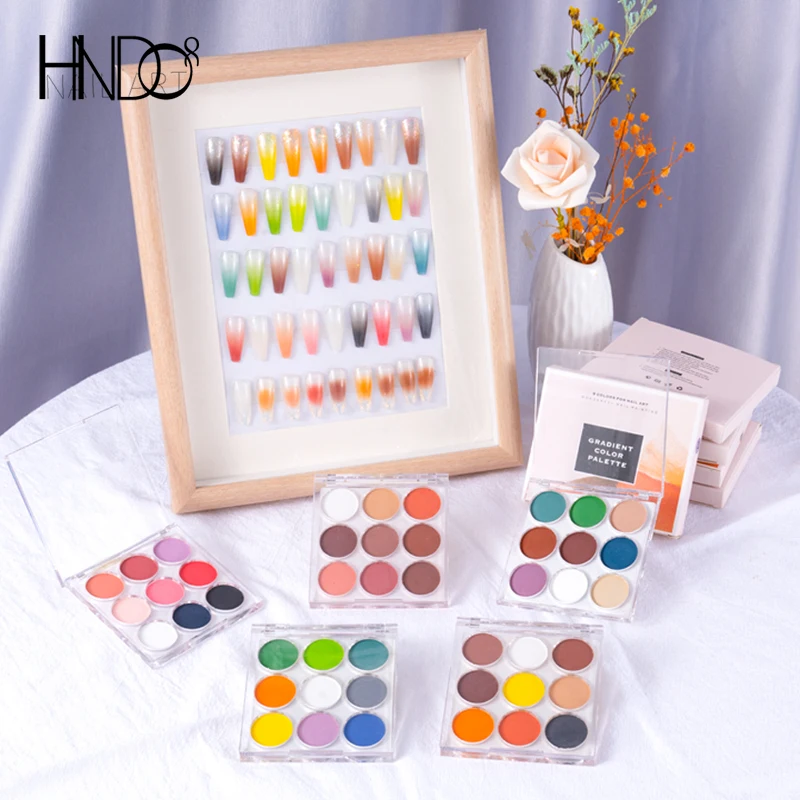 HNDO 9 in 1 Case Solid Powders Highlight Gradient Powder Nail Glitter for Nail Art Decoration Manicure Design Pigment Dust