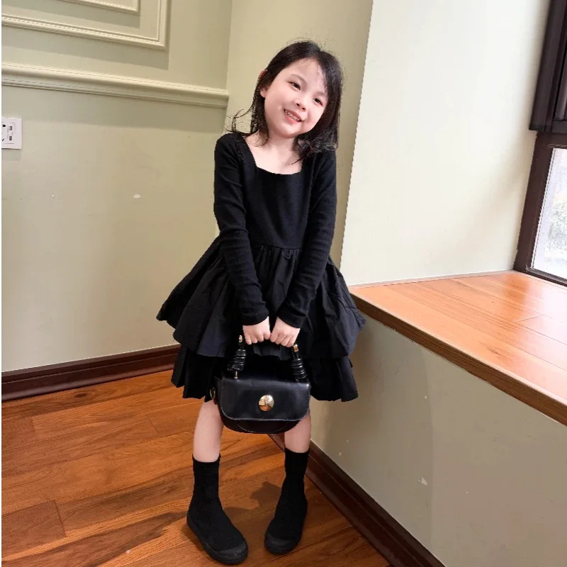 

Girls Versatile Knitted Small Black Dress Black Fluffy Skirt 2026 New Children Long Sleeved Cake Dress