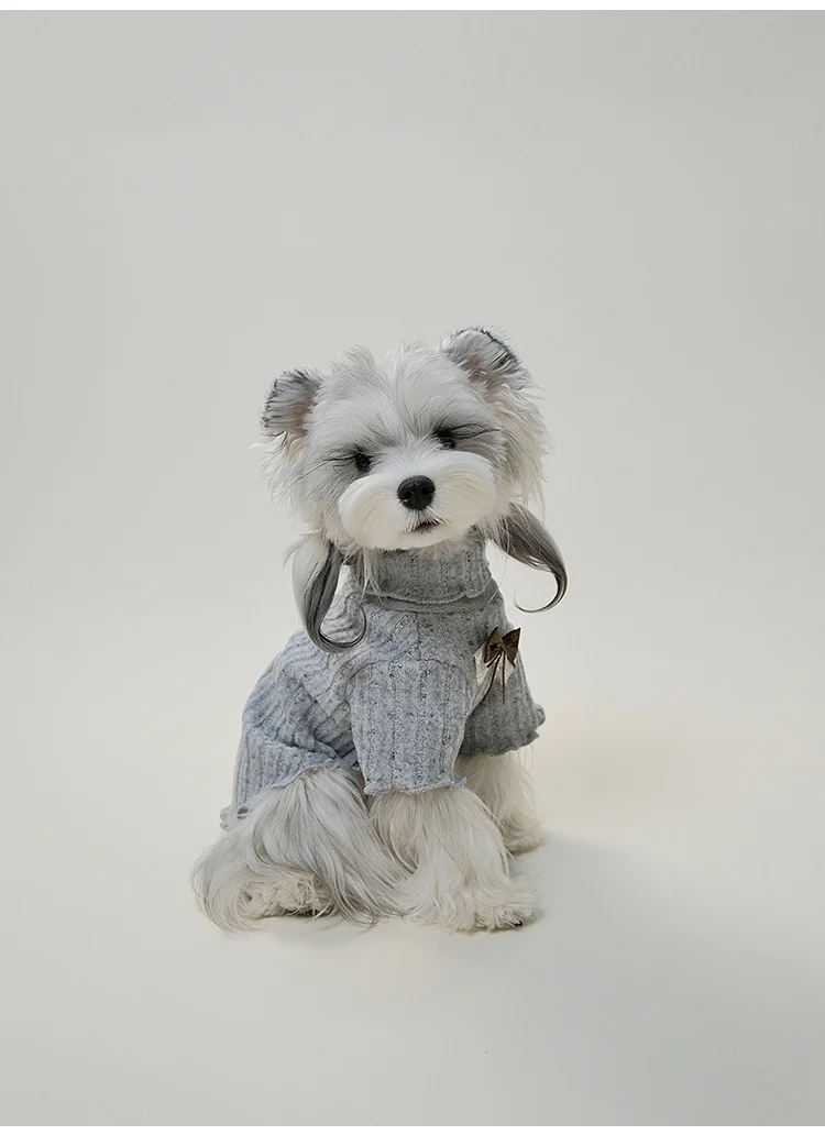 Small Breed Dog Turtleneck Knit Dress, Warm Winter Puppy Outfit with Bow, Cute Pet Skirt Costume for Tiny Dogs