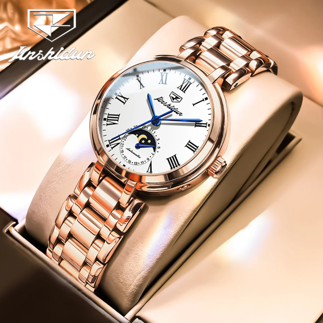 JSDUN 8981 Fashion Mechanical Watch Gift Round-dial Stainless Steel Watchband Wristwatch Moon Phase Luminous