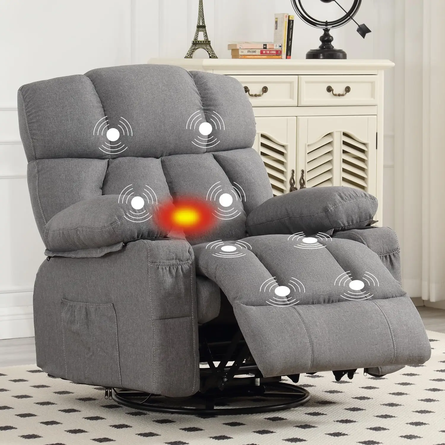 Massage Swivel Rocker Recliner Chair with Heat and Vibration Rocking Lounge Chair for Living Room Comfy Overstuffed Recliner