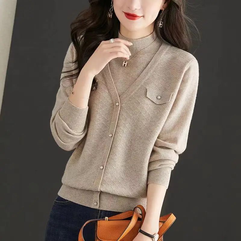 2023 Autumn New Half-height Collar Pullover Solid Color Loose Versatile Temperament Button Splicing Long Sleeves Knit Top Woman