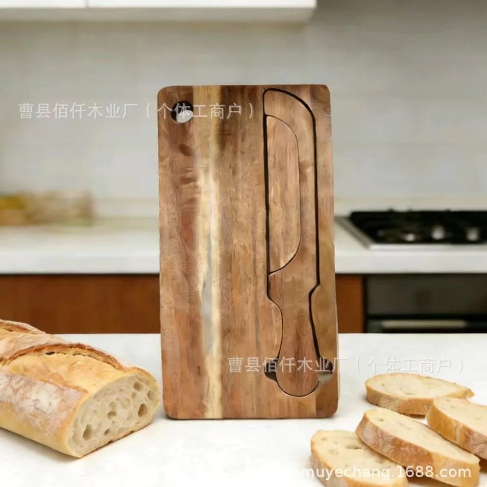 Acacia Wood Bread Bow Knife Cutting Board Set Bread Toast Slicing Cutting Board Baguette Slicing Knife with Cutting Board