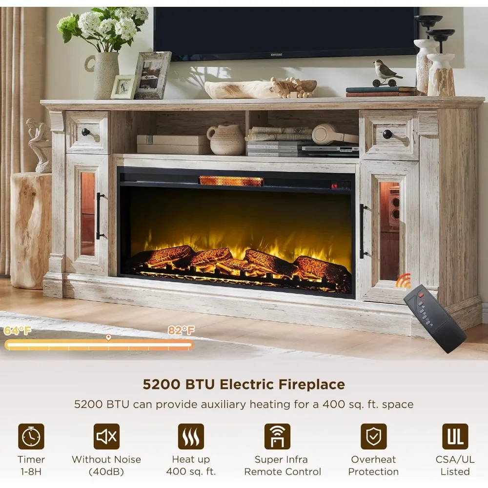 Fireplace TV Stand for 80 Inch TV - Farmhouse Center with 42" Electric Fireplace & LED Lights, Wood Media Console