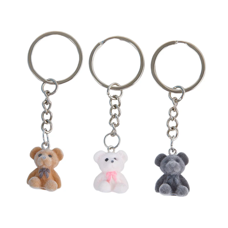 1PC 3D Cartoon Flocking Bear Keychain Bear Key Ring Animal Key Chains Souvenir Gifts For Women Men Car Keys DIY Jewelry