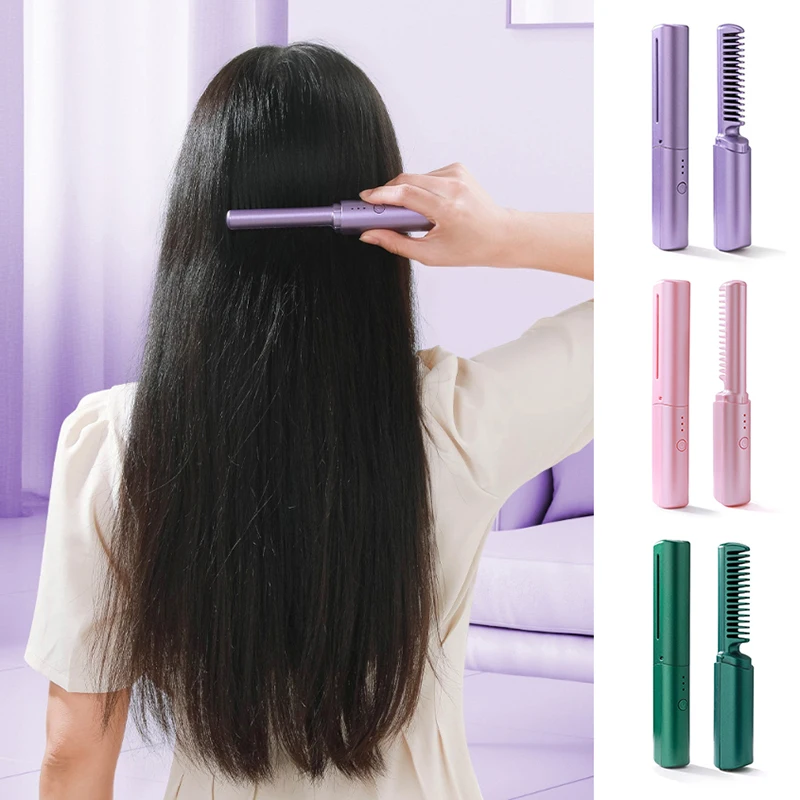 2 In1 Mini Wireless Hot Comb For Hair Straightener Curler Temperature Adjustable Negative Ion Straightening Curling Styling Tool