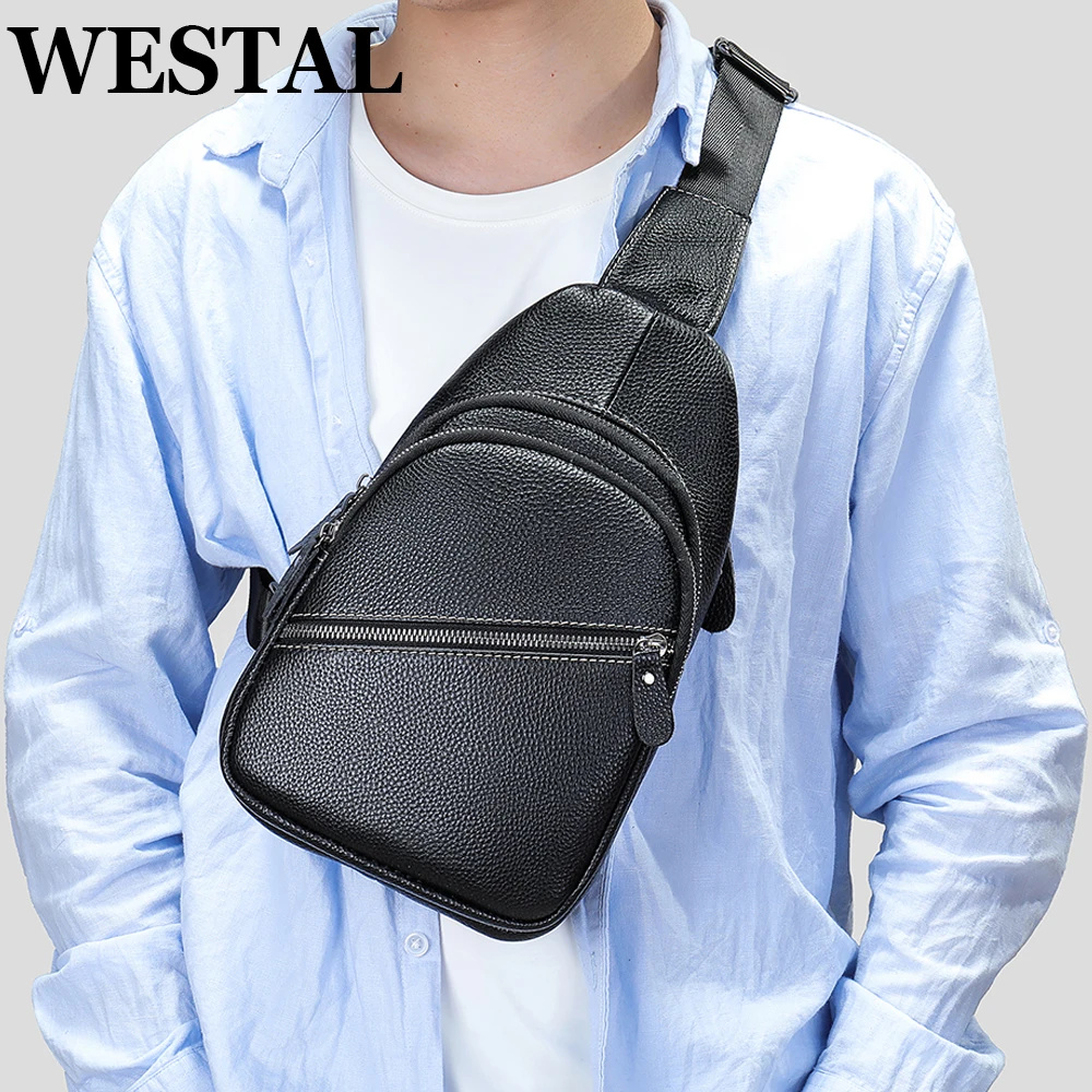 WESTAL Genuine Leather Men's Shoulder Bag Designer Sling Bag Men's Chest Bags Black Travel Crossbody Slingback iPad Phone Pouch