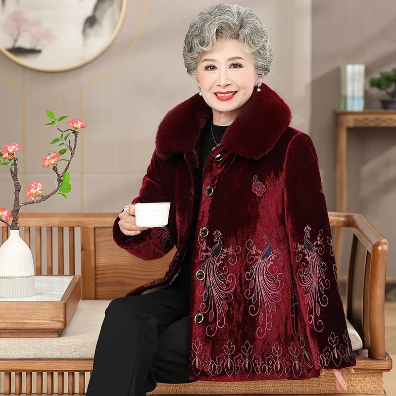 Winter Women\'s Cotton-Padded Jacket 50 To 80 Year Old Grandma Coat Thick Velvet Warm Middle Aged Mother Positioning flower Parka