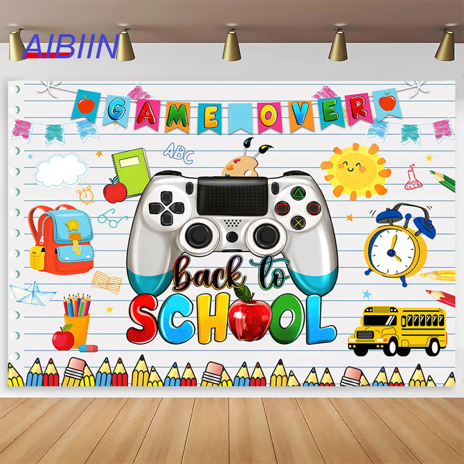 

AIBIIN Game Over Back to School Backdrops Kindergarten Bus Pencil ABC Party Decor School Bag Learn Photography Background