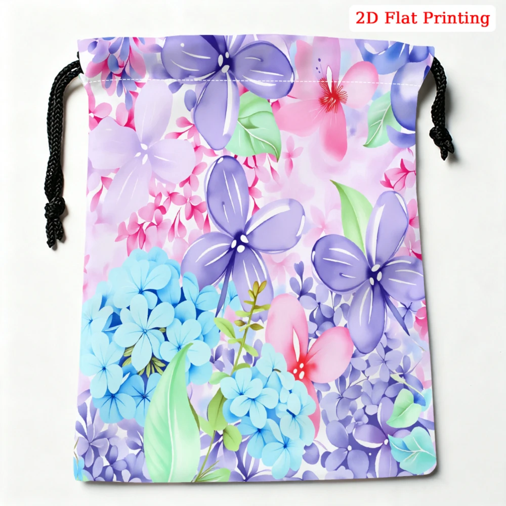 1pc Floral Drawstring Bag Purple Blue Flower Print Storage Small Pouch For Glasses Cosmetics Travel Organizer Portable Gift
