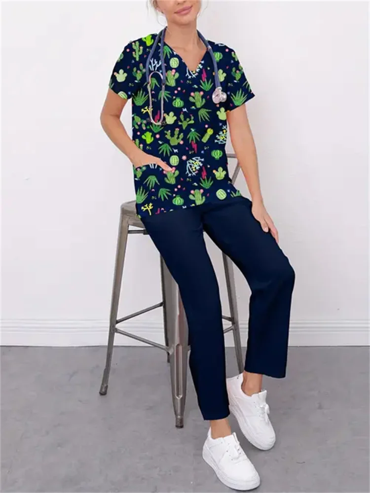 Ensemble uniforme médical décontracté pour femme, motif fleurs et plantes, pantalon en polyester à col en V avec poches, toutes saisons