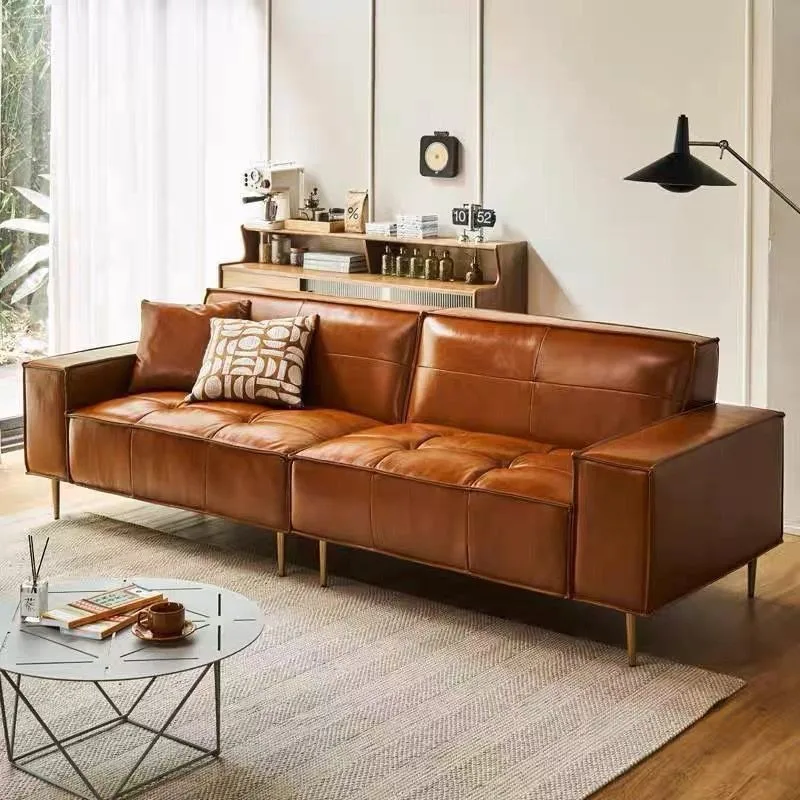 

American retro living room new oil wax leather sofa medium and small apartment straight row three-person leather sofa
