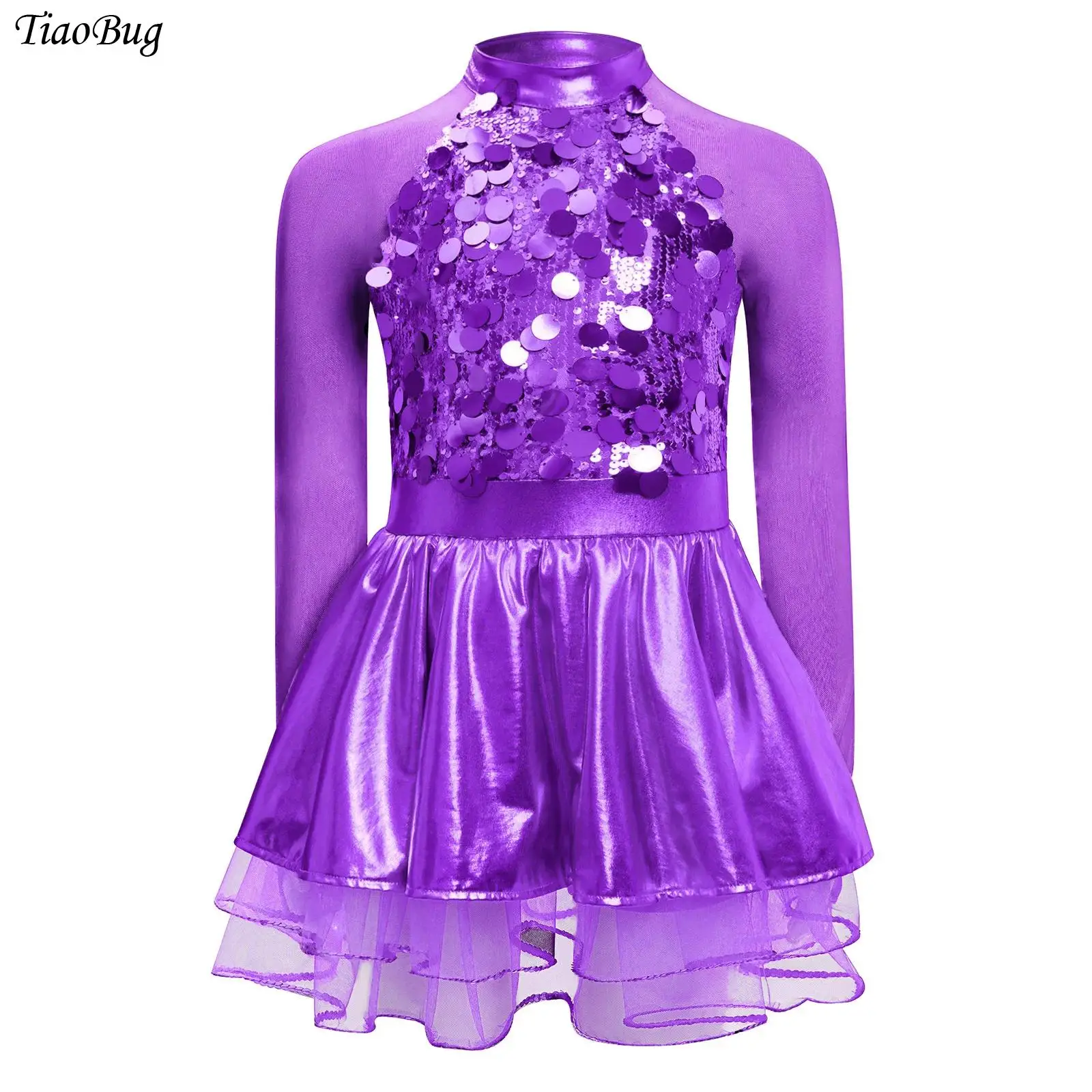 

Girls Sparkling Sequin Metallic Jazz Ballet Dance Tutu Dress Long Sleeves Sheer Mesh Modern Skating Gymnastics Leotard Dresse