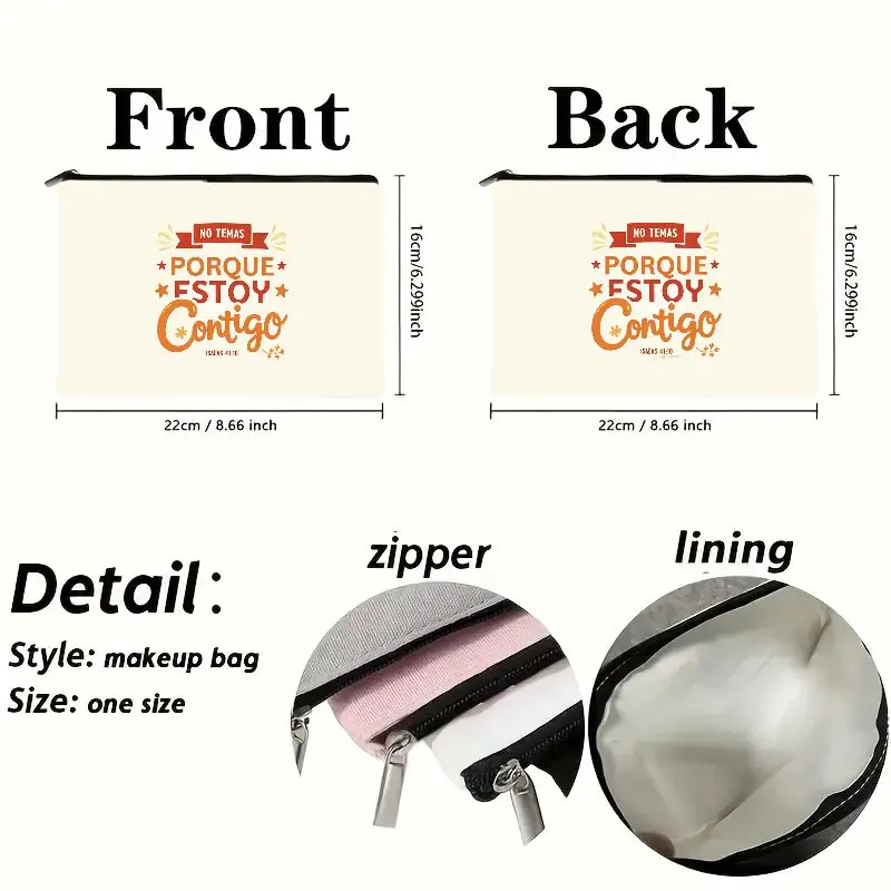 An inspirational makeup bag featuring verses from the Spanish Bible，Made with cream-colored fabric，Comes with a sturdy zipper，Th