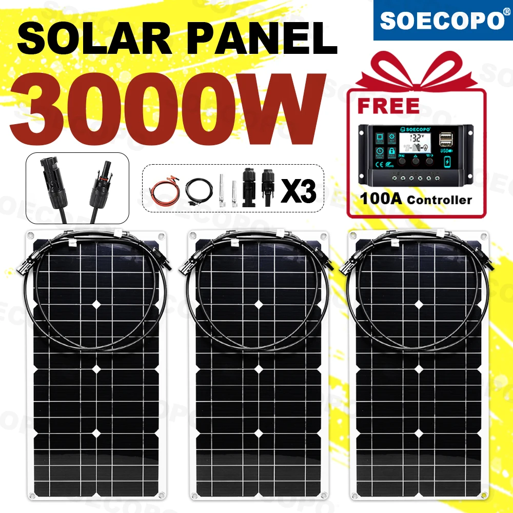 SOECOPO 3000 W tragbares Solarpanel-Kit MC – 4 18 V 3 * Panels kostenlos 100 A Controller Dual USB 5 V für Campingausrüstung Netzteil