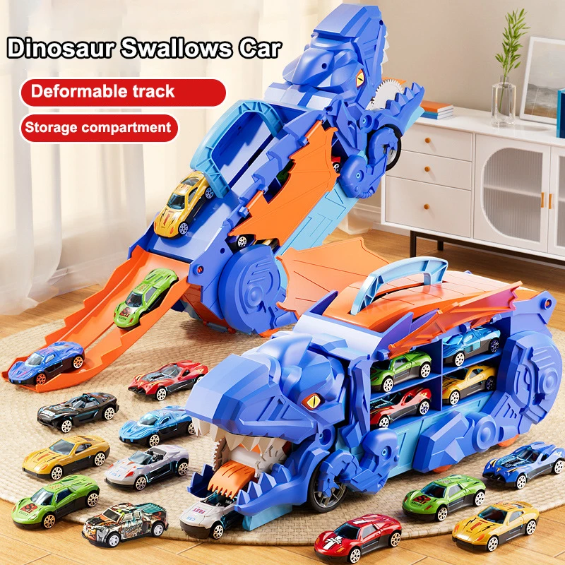 Dinosaur Car Transformable Toy Set Simulation Swallowing Car Transformable Dinosaur Track Car with 4 Alloy Cars Children\'s Gift