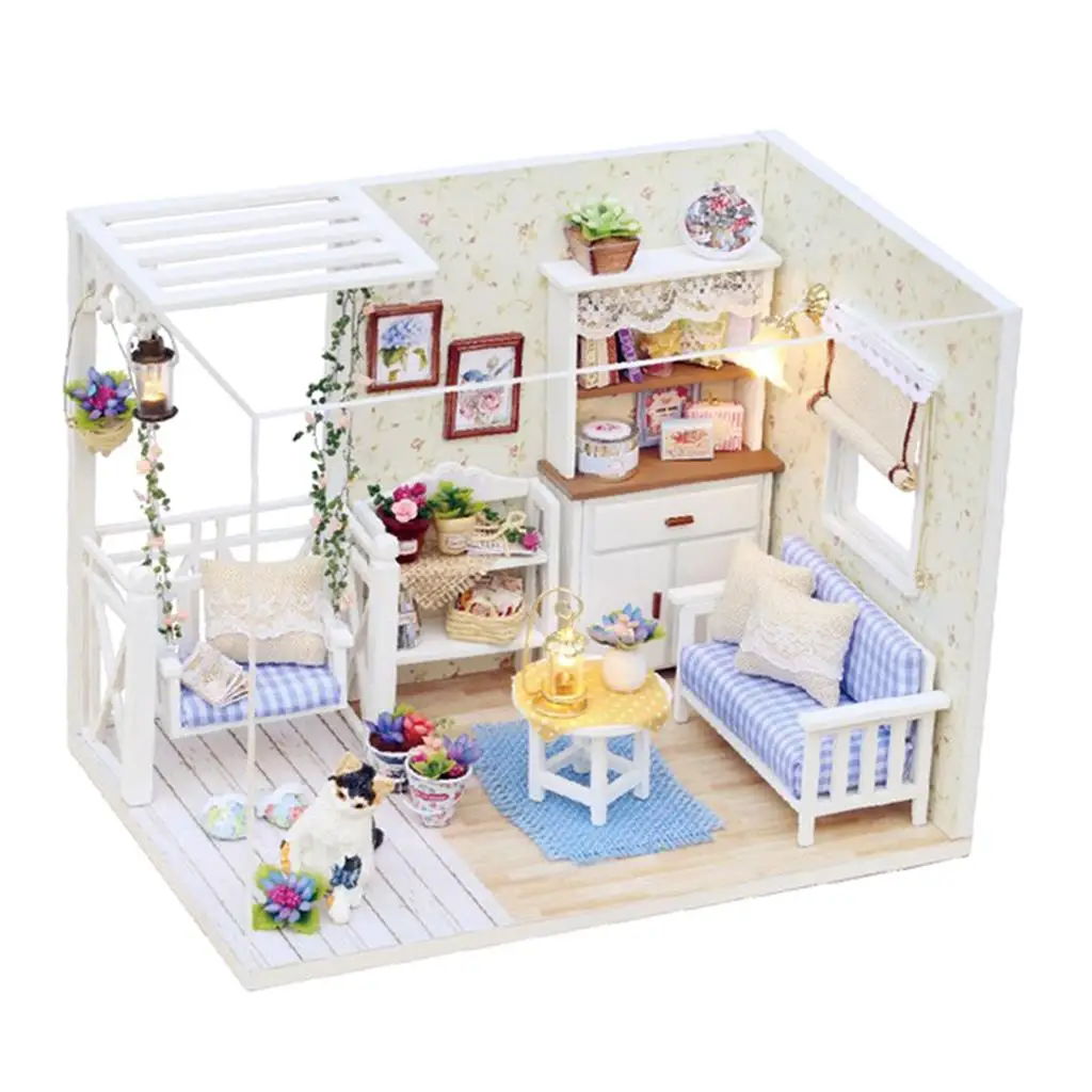 1:24 DIY Wooden Miniature Doll House Modern Cozy Kitten Diary with Dust-proof Cover Kits Handwork