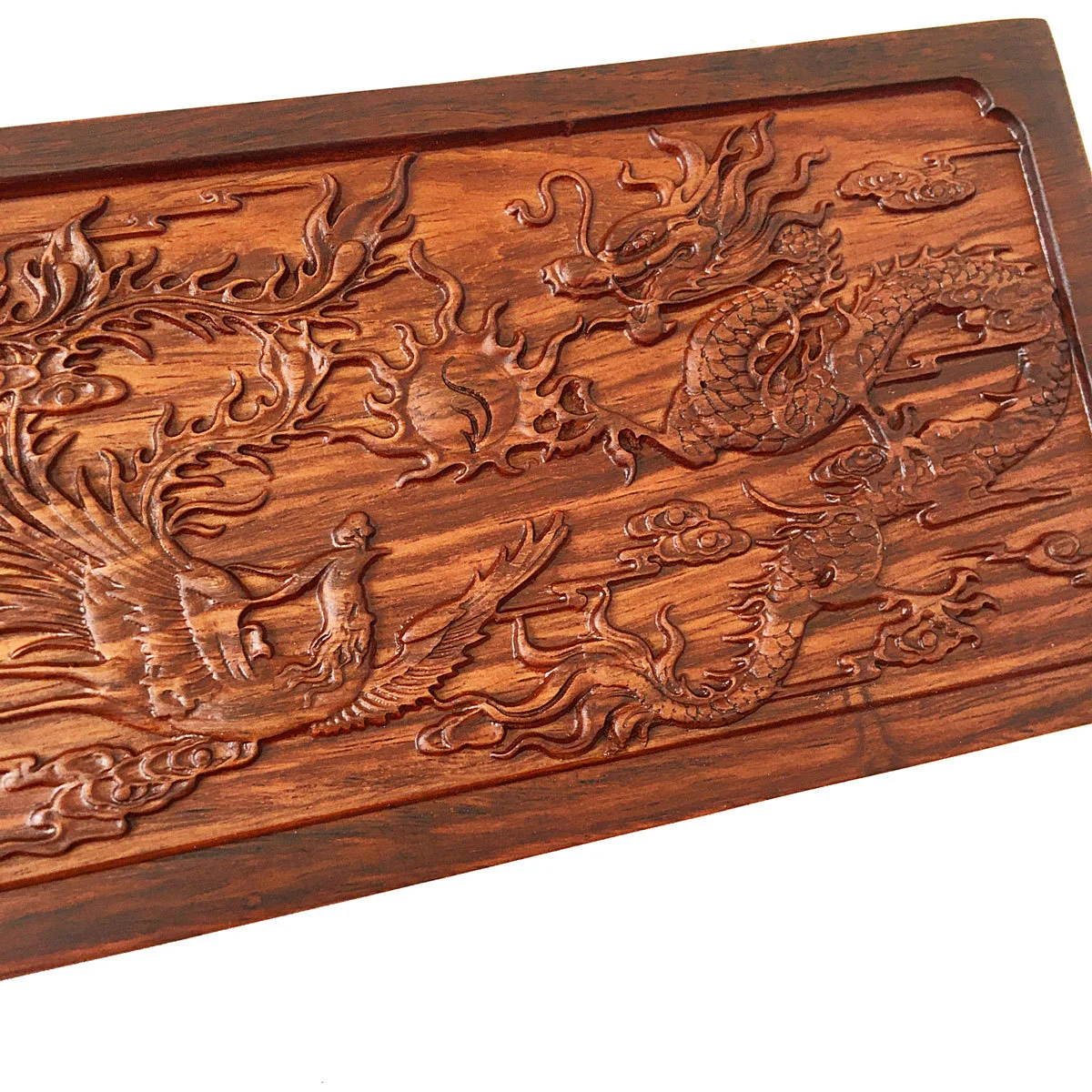 Extra Large 19.5cm Wooden Dragon and Phoenix Jewellery Box Mahogany Pearwood Jewellery Storage Carved Embossed Necklace Box