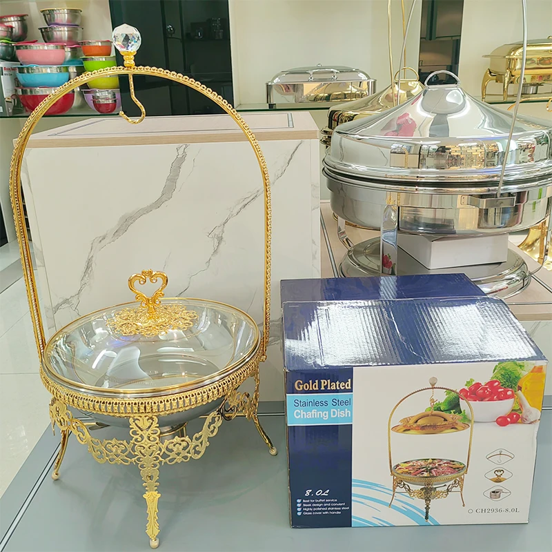 الذهبي الساخن وعاء بوفيه مجموعة فاخرة لفة الأعلى مطعم فندق هوت بوت جهاز تسخين الطعام بوفيه