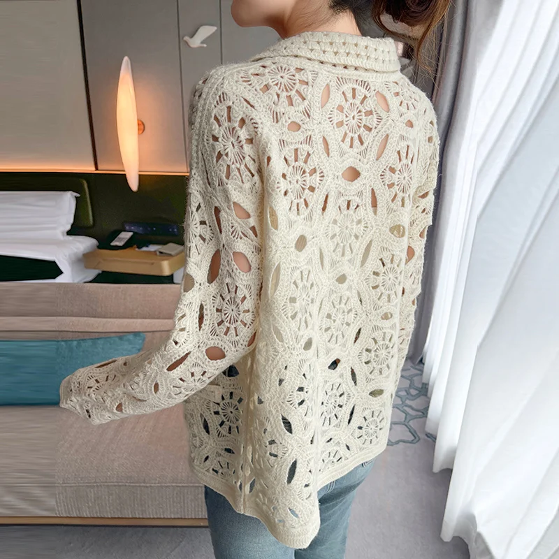 Embroidered Hollow Pure Wool Knitted Cardigan Women\'s Lapel Loose Fashion Casual Single-Breasted Long-Sleeved Coat JQ324