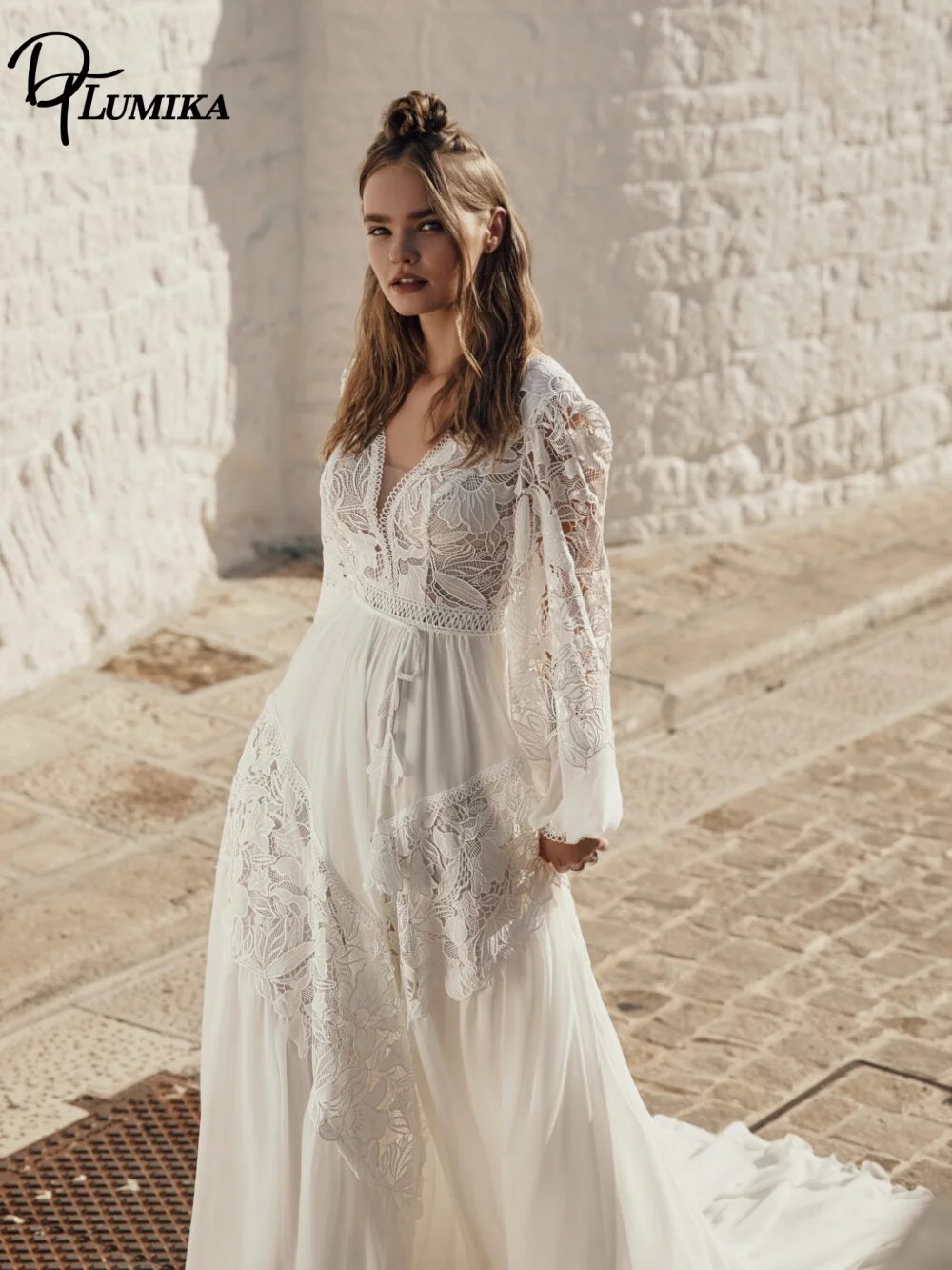 DTLumika Deep V A Line Wedding Dress Lace Appliques Long Puff Sleeves Tassel Belt Boho Bridal Gown 2027 Custom Vestidos De Novia