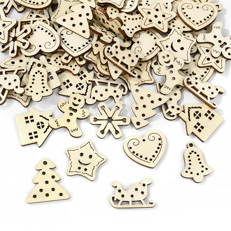 50Pcs Christmas Wooden Ornaments Unfinished Wood Slices Xmas Tree Pendants Navidad Home Decoration 2025 New Year DIY Crafts Gift