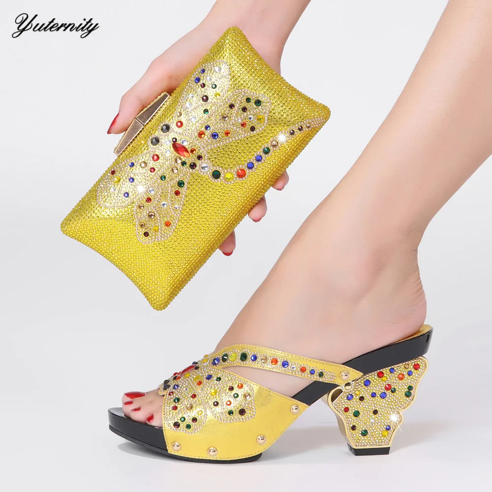 Latest Yellow Color Italian Pumps Shoes And Bags To Match Nigerian Style High Heels Slipper Shoes And Bag Set On Stock