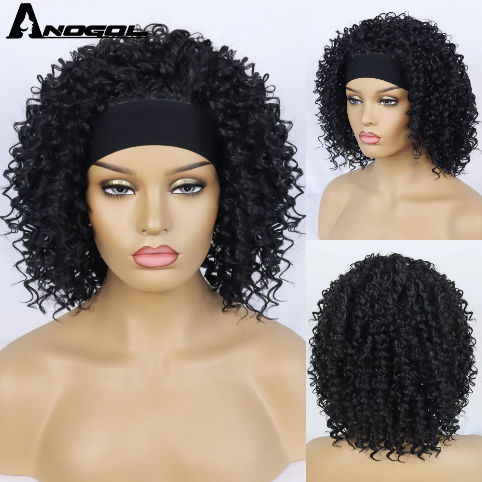 ANOGOL Synthetic Short Bob Kinky CurlyHeadband Wigs for Black Women Deep Wave Wigs with Head Wraps Peruca Cosplay Brazilian