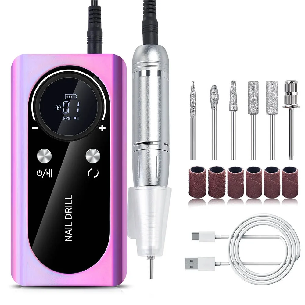 

45000RPM Nail Drill Machine USB Rechargeable 6 Bits Electric Nail File Low Noise Sanding Bands Nail Sander File Nail Art