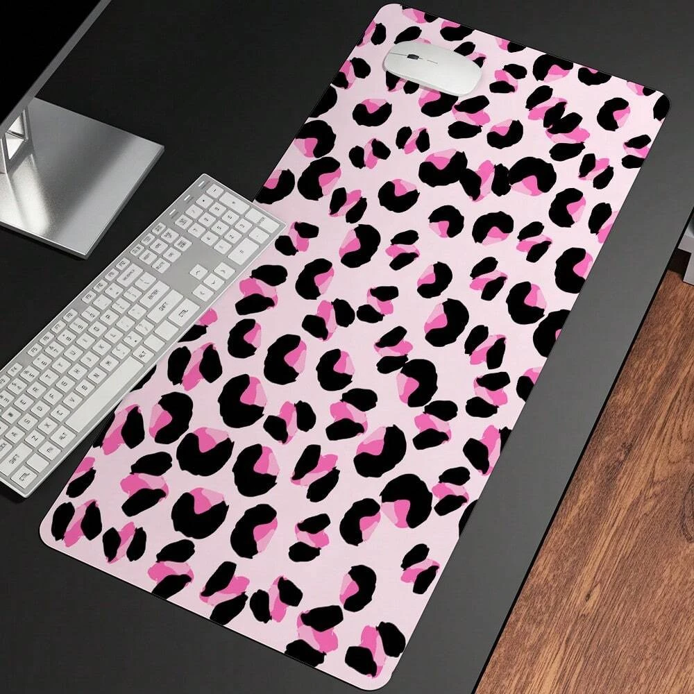 1pc Pink Leopard Print Large Gaming Leather Mouse Pad Extended Table Pad With Anti-Slip Waterproof Desk Mat For Keyboard & Mouse