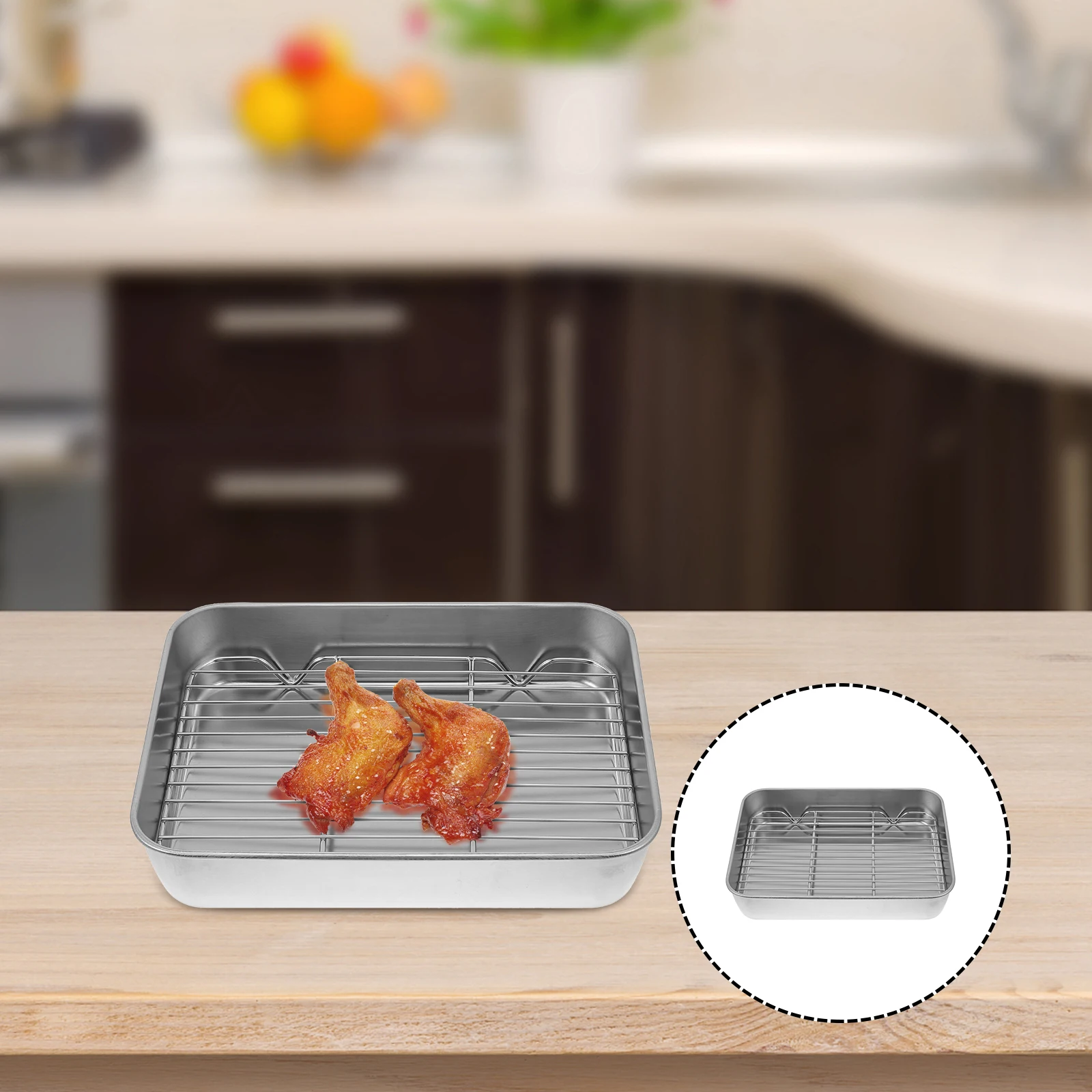 

1 Set Stainless Steel Baking Pan Food Grade Large Capacity Roasting Tray Drain Rack For Oven Bbq Chicken Beef Fish Home Kitchen