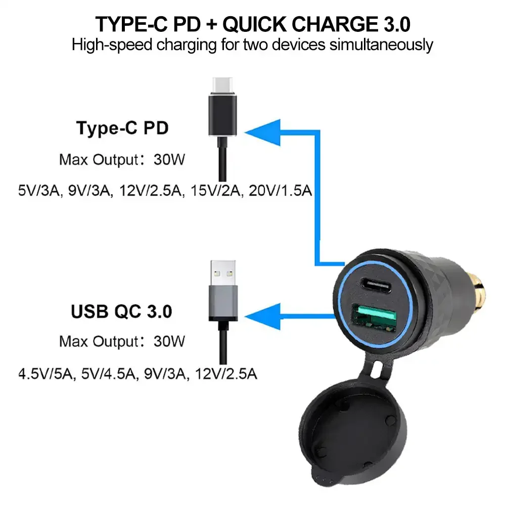 Cargador rápido USB QC 3,0 de aluminio, adaptador Dual PD, enchufe impermeable para motocicletas para enchufe DIN/BMW