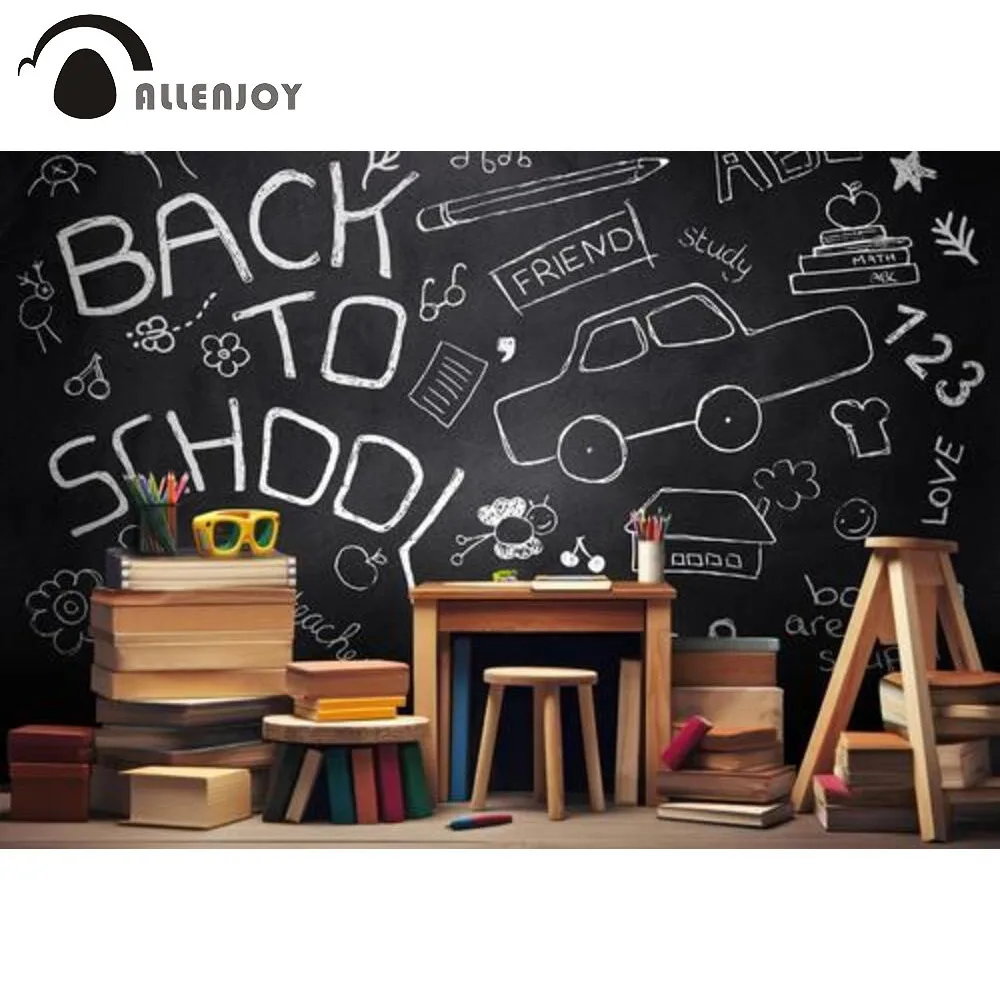 Allenjoy Back to School Photography Backdrop Chalkboard Background Pencils Books Desks Classroom Photoshoot Studio Props