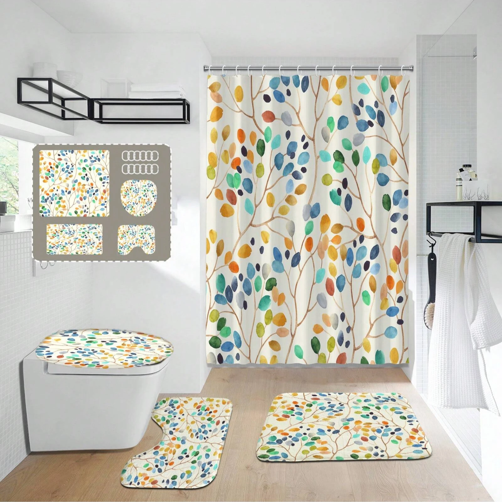 4PCS Colorful Leaf Print Shower Curtain Set, Modern Bathroom Decor, Toilet Cover Mat, Non-Slip Shower Mat, 12 Plastic Hooks