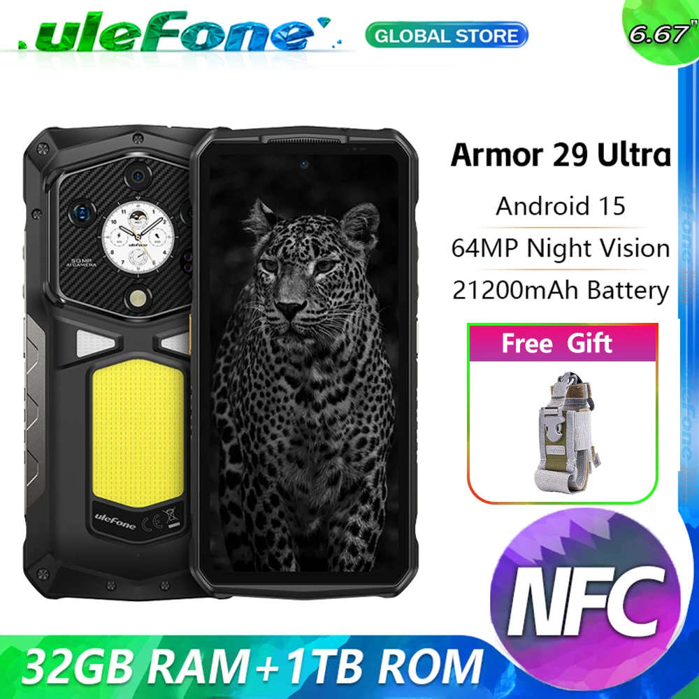 Ulefone Armor 29 Ultra 5G AI وعرة 16GB + 1 تيرا بايت للرؤية الليلية 21200mAh 6.67 "الأبعاد 9300 مصباح LED متعدد الاستخدامات NFC 64MP كاميرا ليلية