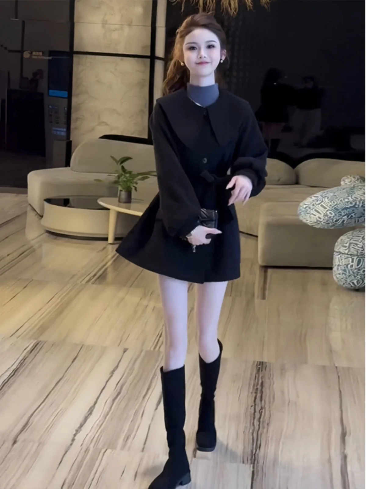 

Faionable Retro Doll Collar Coat Waist Cinched Belted Small Size Outerwear Autumn Winter New Arrival Women's Premium Quali