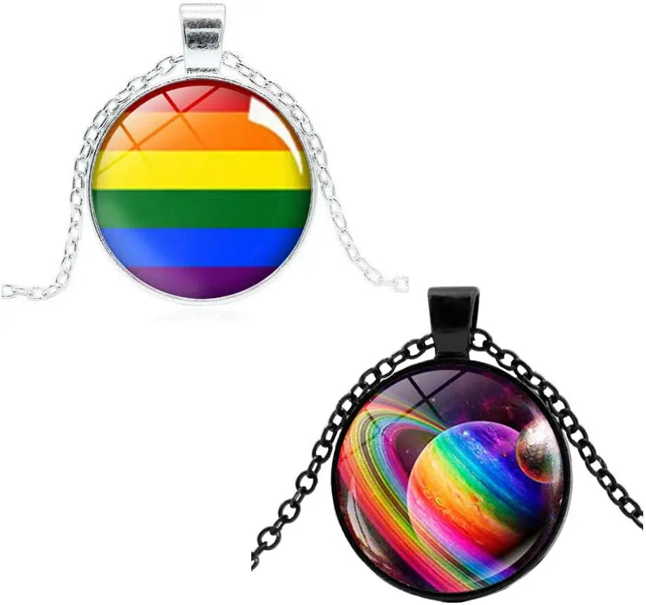 

2 pieces Gay Pride LGBT Rainbow Silver Necklaces and Gay Pride LGBT Rainbow Flag Black Pendants