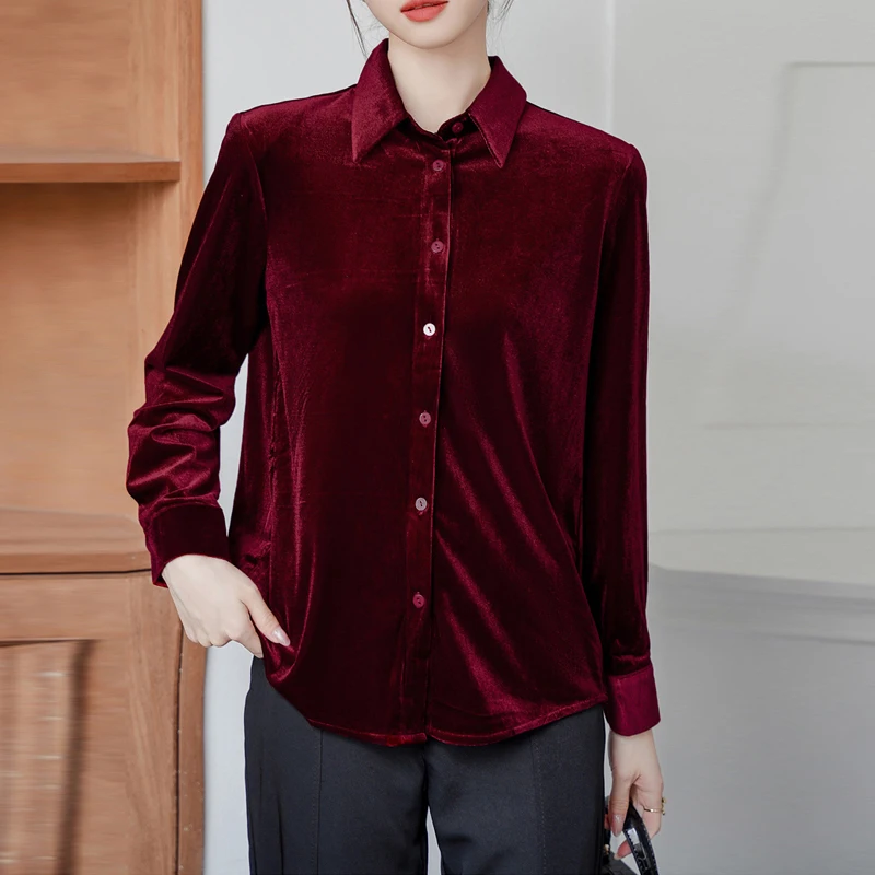 Elegant Autumn Winter Office Lady Basic Tops Vintage Long Sleeve Velour Blouses Women Fashion Turn Down Collar Button Shirts