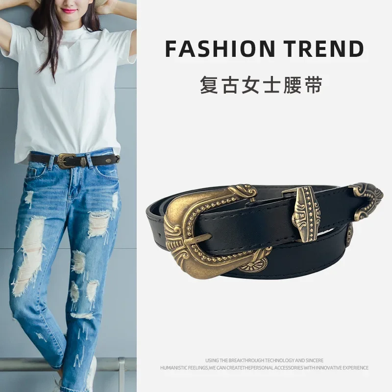 Luxury Women's Leather Belt Cowhide Casual Pants Jeans Retro Punk Style Paired with Performance Clothes Trendy Items