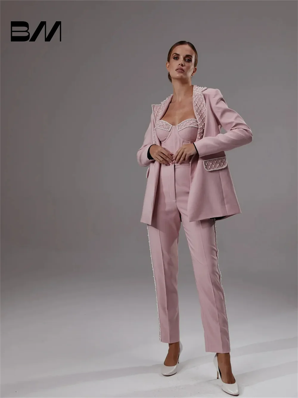 Elegant V-neck Women Pant Suits Spring Summer Office Suit Glamorous Beaded Business Suits Wedding Tuxedo Blazer Customized