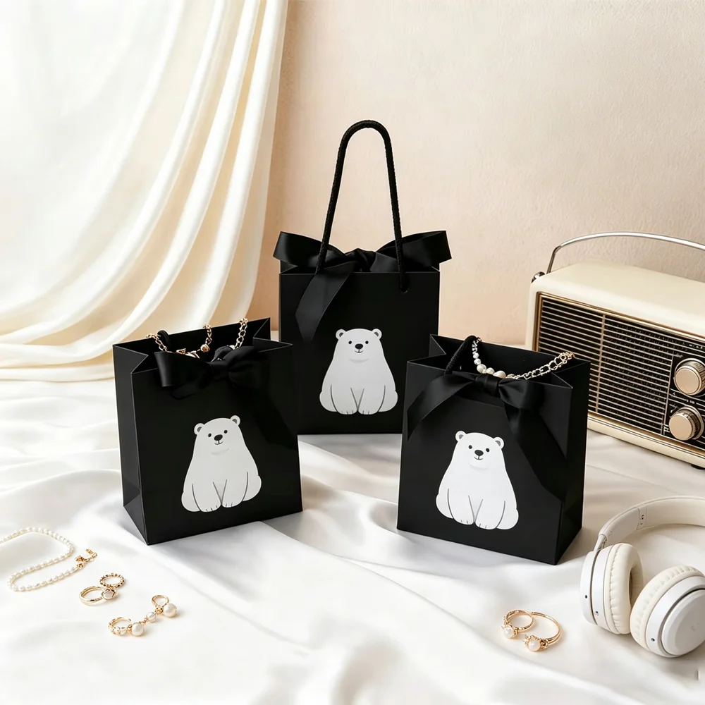 

New Black Gift Paper Tote Bags with Ribbon Boutique Shopping Personalization Small Jewellery Packaging Kraft Pouches with Handle