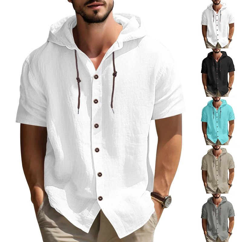 New Casual Solid Color Men's Shirt Summer Street Simple Style Hooded Drawstring Cotton Hemp Cardigan Loose Short Sleeve T-shirt