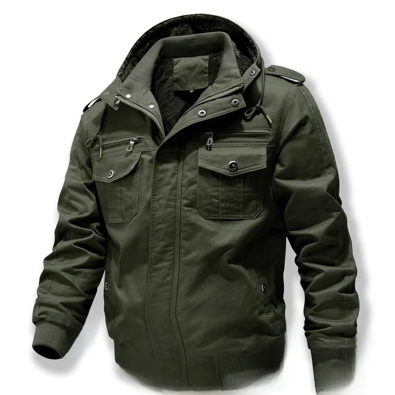 

Men's Autumn Winter Thiened Cotton Workwear Jaet with Hood Casual Large Size Flight Sle Multi-ket Faion Ci Outfit