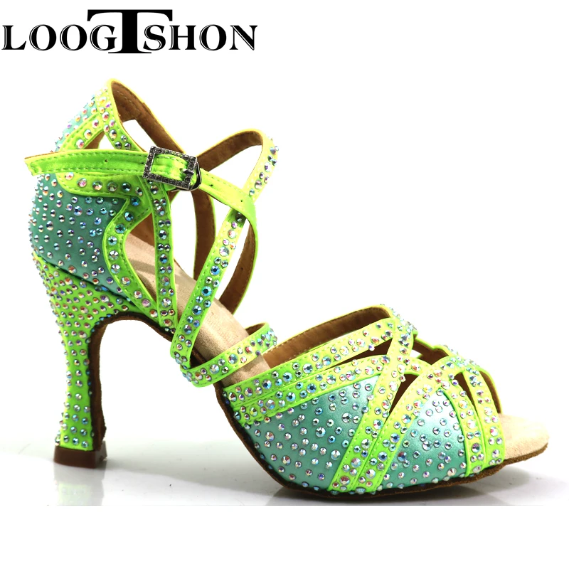 Loogtshon PROMO Rhinestone profesjonalny taniec latynoski obcas 9CM neon zielony dama taniec buty miękkie Samba Rumba Cha buty do tańca